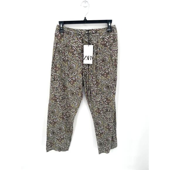 ZARA NWT Casual Olive Green Floral Print Elastic Waist Tie Waist Pants // XS - Picture 1 of 7